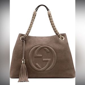 Gucci Soho Interlocking G Tote Shoulder Bag with Gold Hardware - Taupe Suede